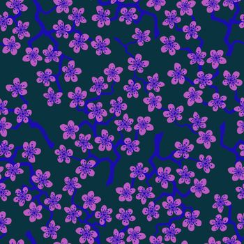 Seamless pattern with blossoming Japanese cherry sakura branches for fabric,packaging,wallpaper,textile decor,design, invitations,cards,print,gift wrap,manufacturing.Pink flowers on green background