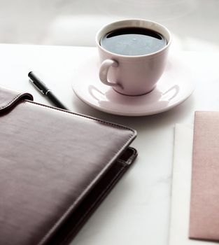 Modern workspace, business and corporate lifestyle concept - Office table desk and coffee cup, productivity