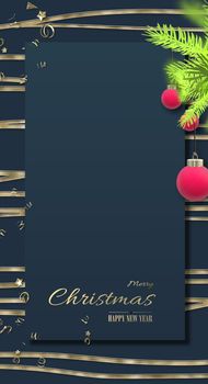 Christmas restaurant menu design. Holiday template on black, Xmas fir, red bauble, gold decoration. Gold text Merry Christmas Happy New Year. Place for text, vertical invitation flyer. 3D illustration