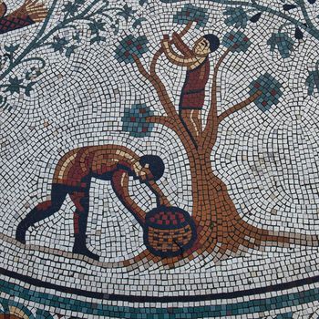 Modern Roman style mosaic of an apple picking scene at the entrance of the Roman Gardens created for the Golden Jubilee of Chester Civic Trust 2010, Chester, England.