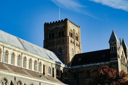 The Norman crossing Tower of the Cathedral and Abbey Church of St Alban. St Albans, Hertfordshire, England