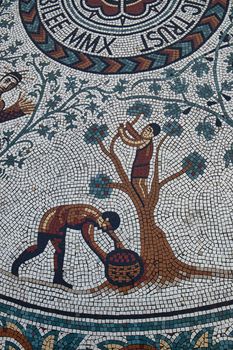 Modern Roman style mosaic of an apple picking scene at the entrance of the Roman Gardens created for the Golden Jubilee of Chester Civic Trust 2010, Chester, England.