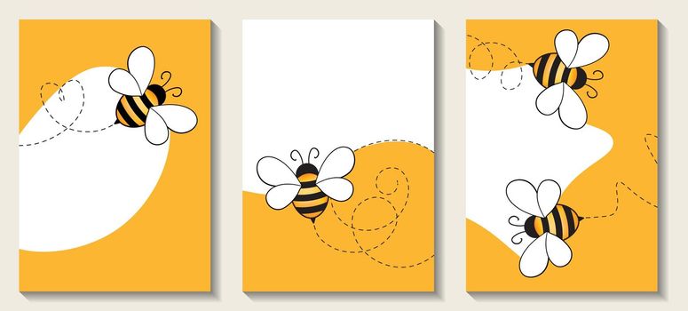 Web banner with drawn cartoon bee mascot. Incest concept design. Bees flying on a dotted route. Wasp collection. Modern collection of contemporary posters. Vector illustration for social media, print.