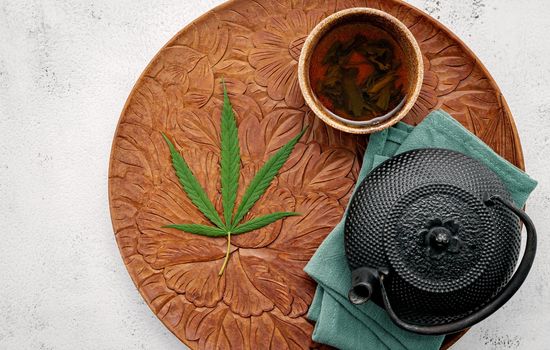 Vintage teapot with cannabis herbal tea and fresh marijuana leaves set up on concrete background.