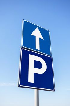 Parking area sign. Road sign. Arrow upwards.