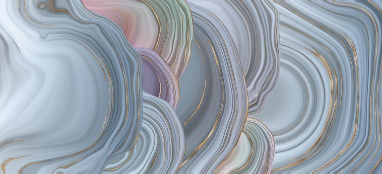 Beautiful realistic pastel abstract marble agate, golden veins. Abstract marbling agate texture shiny gold curves background. Horizontal fluid marbling in pastel grey blue pink colours. Illustration