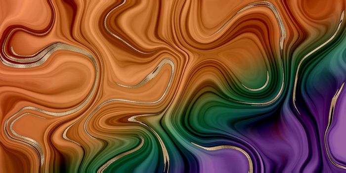 Vivid abstract marble agate with golden veins. Abstract marbling agate texture and shiny gold curves background. Horizontal fluid orange green violet marbling effect. Illustration
