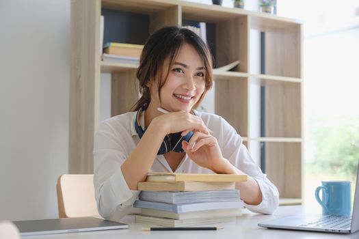 Creative woman looking up empty space deep thinking creative person