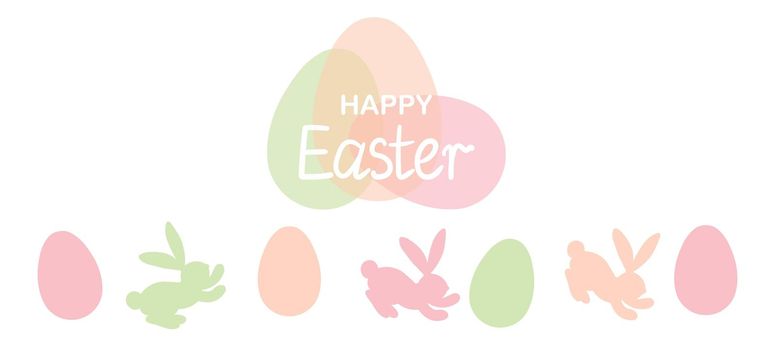 Easter background with eggs, rabbit. Happy Easter banner. Template design for greeting card, postcard, header for website, wallpaper, poster. Holiday modern frame. Vector stock illustration.