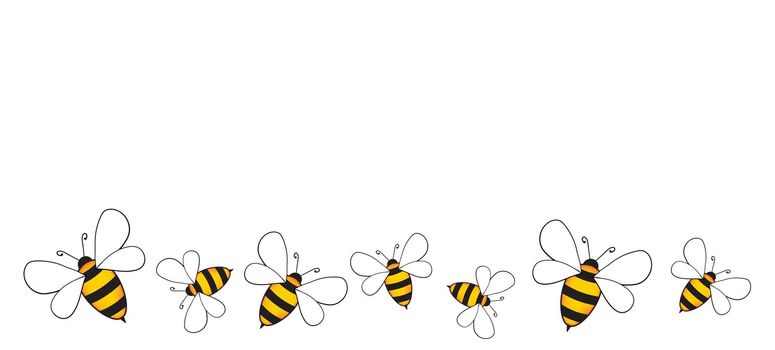 Banner with cartoon cute bee mascot. Merry bee with an empty table. Small wasp. Vector character. Insect icon. Holiday template design for greeting card, postcard, wallpaper, poster. Copy space.