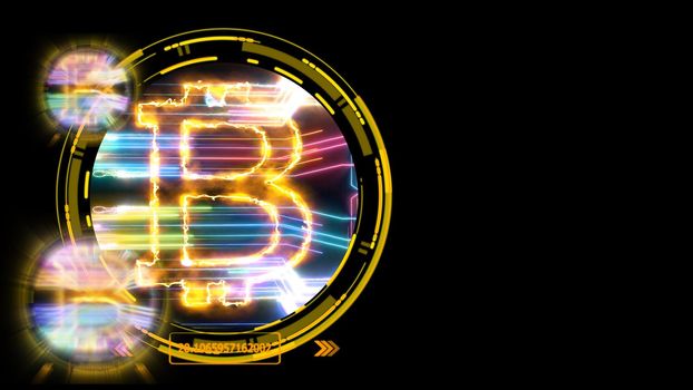bitcoin cryptocurrency and futuristic colorful digital laser transfer on black isolated background