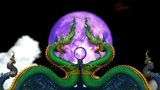 reflection violet moon and cloud on crystal ball and twin naga on the night sky time lapse, Elements of this image furnished by NASA