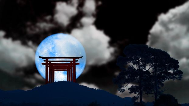 torii on the mountain and super blue moon and cloud on night sky, Elements of this image furnished by NASA