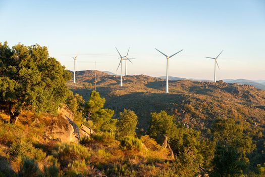 Sortelha nature landscape view with mountains, trees, boulders and wind turbines at sunset, in Portugal