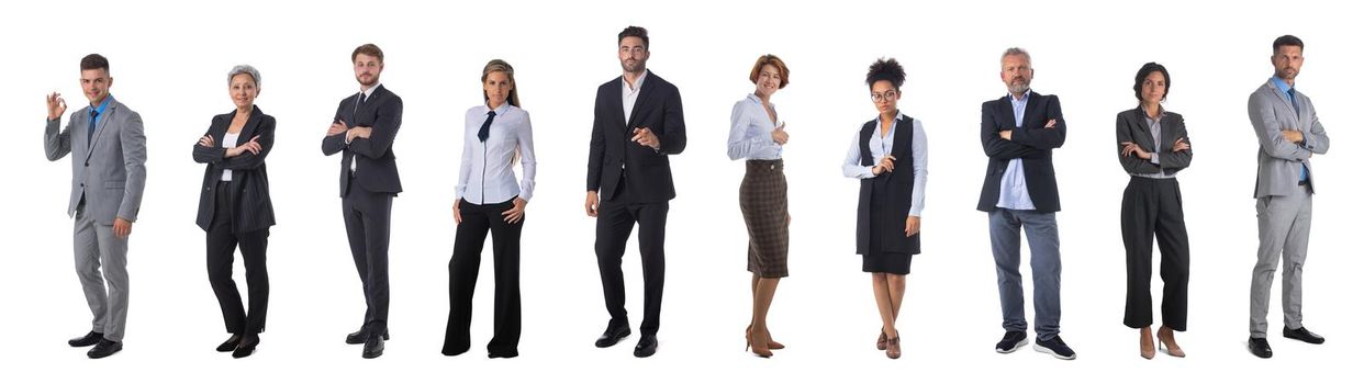 Successful business team. Full length portrait of group of confident business people showing thumbs up and smiling. Design element, studio isolated on white background