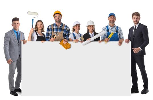 Collection of full length portraits of construction industry workers holding blank banner. Design element, studio isolated on white background
