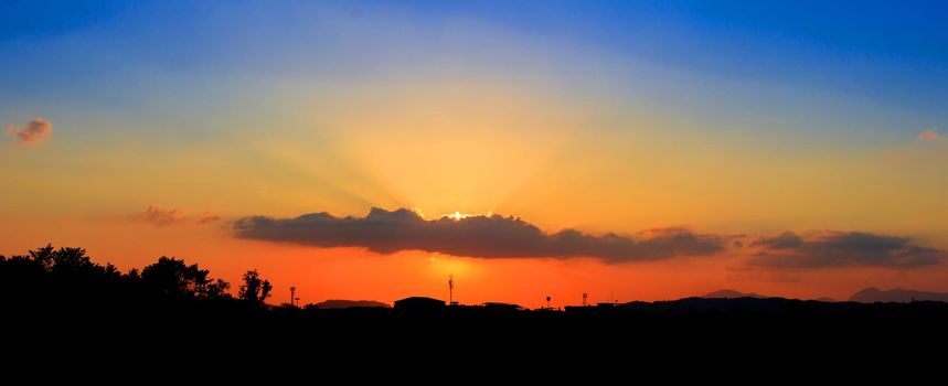 panorama view sunset in sky beautiful colorful landscape silhouette city countryside and tree woodland twilight time art of nature