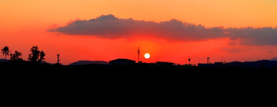 panorama view sunset in sky beautiful colorful landscape silhouette city countryside and tree woodland twilight time art of nature