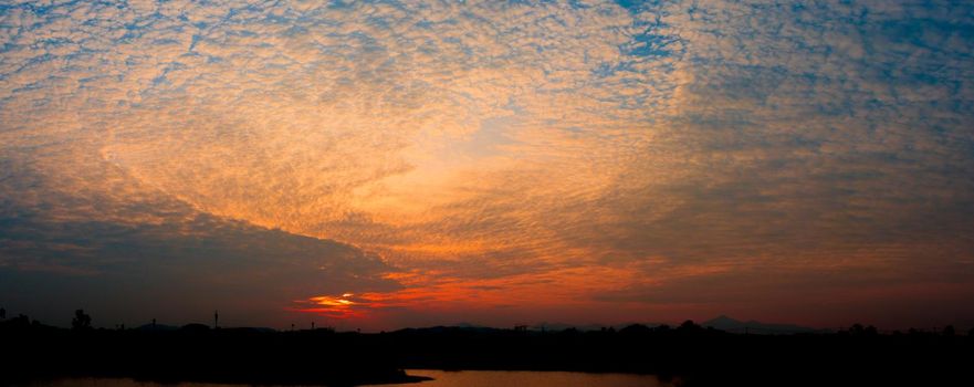 panorama sunset in sky beautiful colorful landscape silhouette tree woodland and river reflect the twilight time