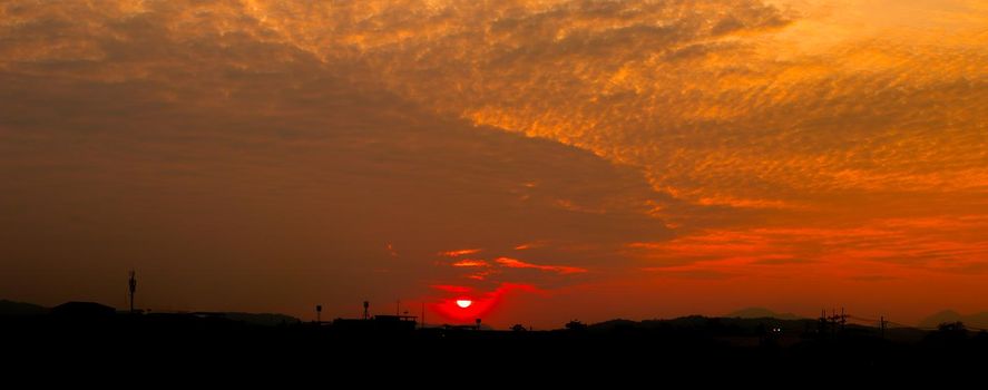 panorama view sunset in sky beautiful colorful landscape silhouette city countryside and tree woodland twilight time art of nature