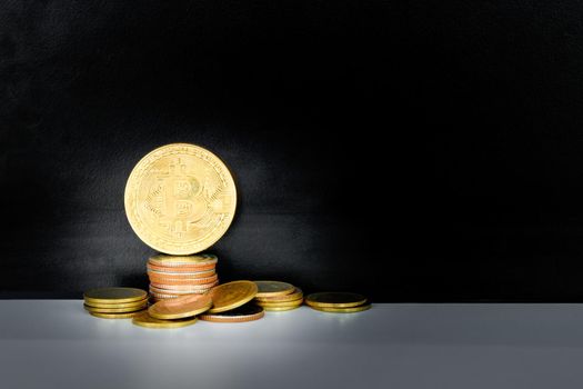 bitcoin coins and money stack over white on black background. with copy space add text. color retro style