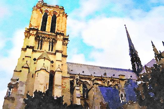 watercolors of the church of Notre Dame in Paris