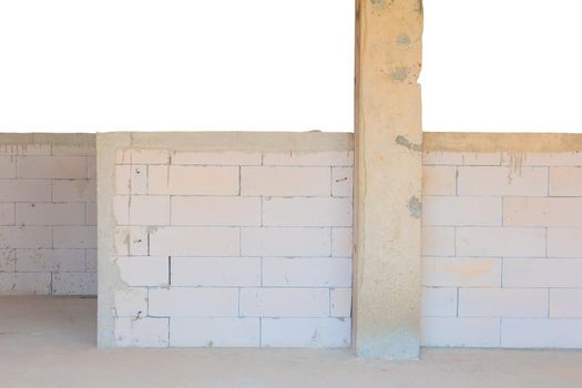 brick wall interior in construction and decoration at building site isolated on white background and clipping path