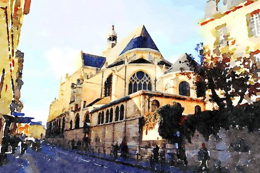 watercolor representing one of the churches in the center of Paris