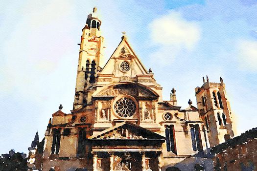 watercolor representing one of the churches in the center of Paris