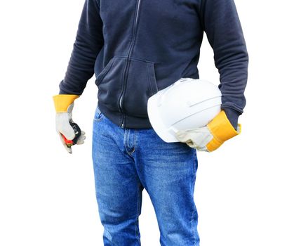 hand of engineering worker wear gloves holding white safety helmet plastic. equipment prevent danger engineer in construction isolated on white