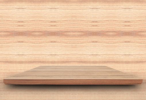 Empty top wooden shelves and woody wall background. For product display with copy space add text