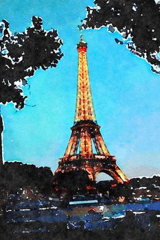 watercolor representing the view of the Eiffel tower in Paris on an autumn evening