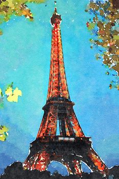 watercolor representing the view of the Eiffel tower in Paris on an autumn evening