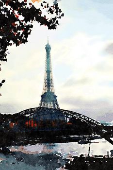 watercolor representing the view of the Eiffel tower in Paris on an autumn afternoon