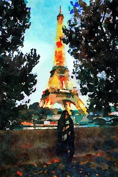 watercolor representing the view of the Eiffel tower in Paris on an autumn evening