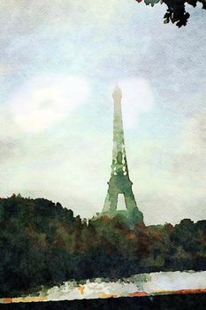 watercolor representing the view of the Eiffel tower in Paris on an autumn afternoon