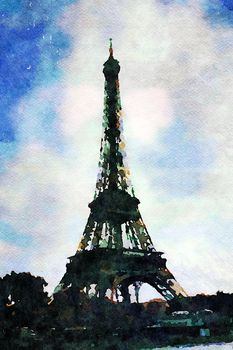 watercolor representing the view of the Eiffel tower in Paris on an autumn afternoon