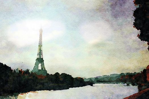 watercolor representing the view of the Eiffel tower in Paris on an autumn afternoon