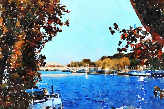 watercolor representing a glimpse of the Seine in Paris in the autumn