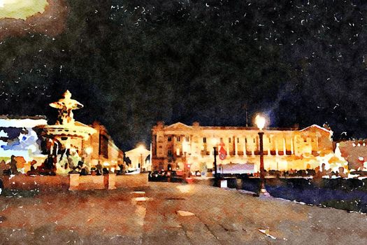 watercolor representing the view of one of the squares of Paris on an autumn night