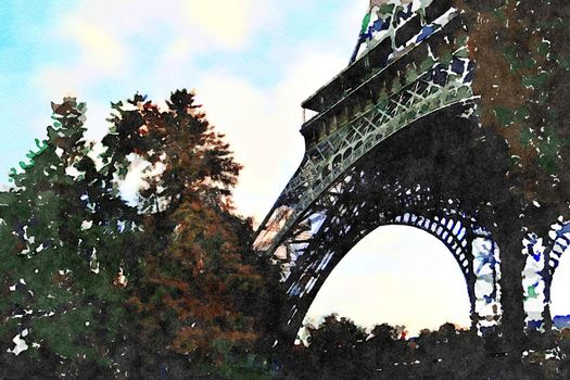watercolor of the arcades at the base of the Eiffel Tower in Paris on an autumn day