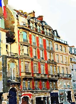 Watercolor representing the facades of historic buildings in one of the streets of Paris
