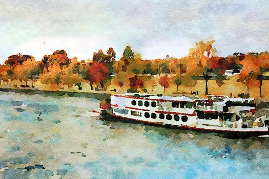 Watercolor representing a steamboat on the Seine in Paris in the autumn