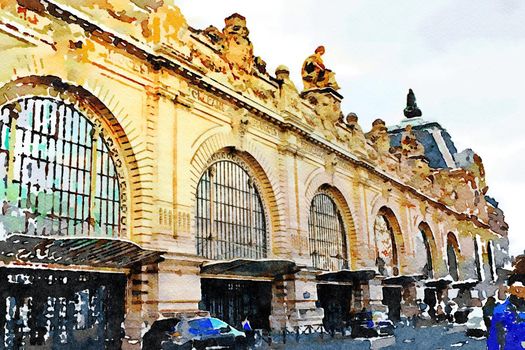 Watercolor which represents one of the side facades of one of the Paris stations in autumn