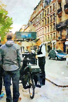 Watercolor representing a street vendor of crepes in the streets of central Paris in the autumn