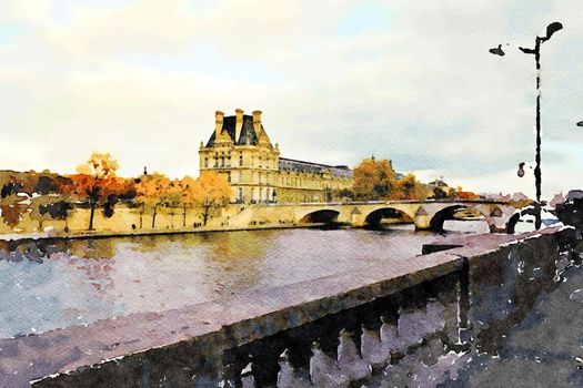 Watercolor representing the view of a historic palace and one of the bridges over the Seine in Paris in the autumn