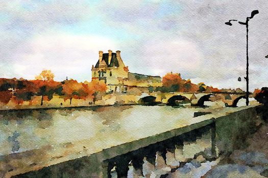 Watercolor representing the view of a historic palace and one of the bridges over the Seine in Paris in the autumn
