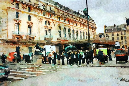 watercolor representing one of the squares in the center of Paris