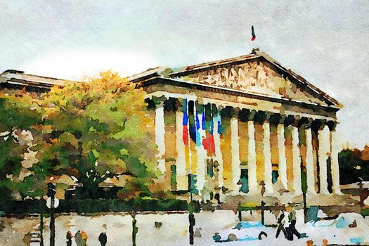 Watercolor representing the main facade of a historic building in central Paris in the autumn