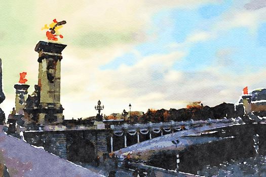 Watercolor representing a glimpse of one of the bridges over the Seine in Paris in the autumn